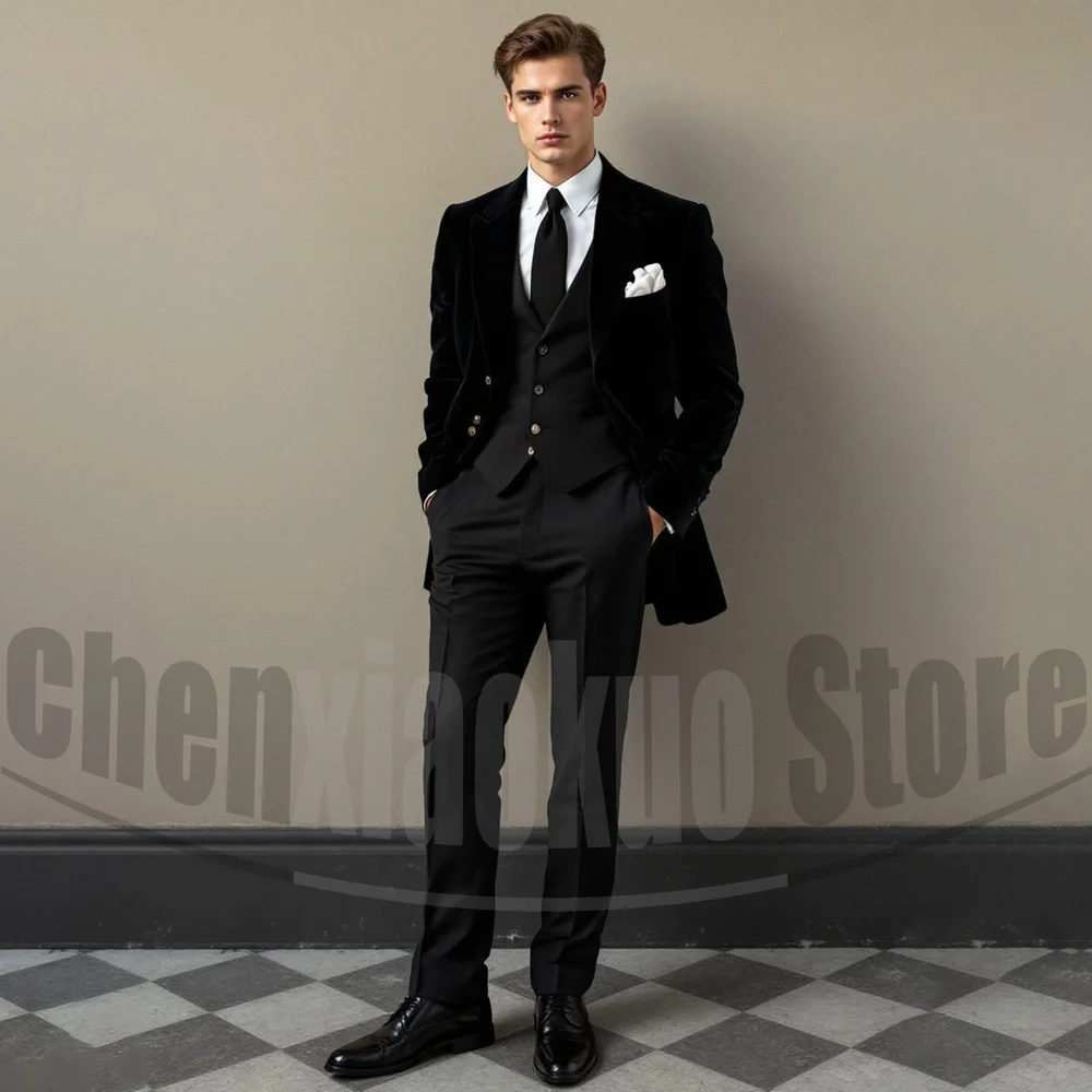 Conjunto de terno de três peças de veludo preto masculino sob medida luxo formal casamento noivo smoking baile de formatura high-end festa elegante terno masculino