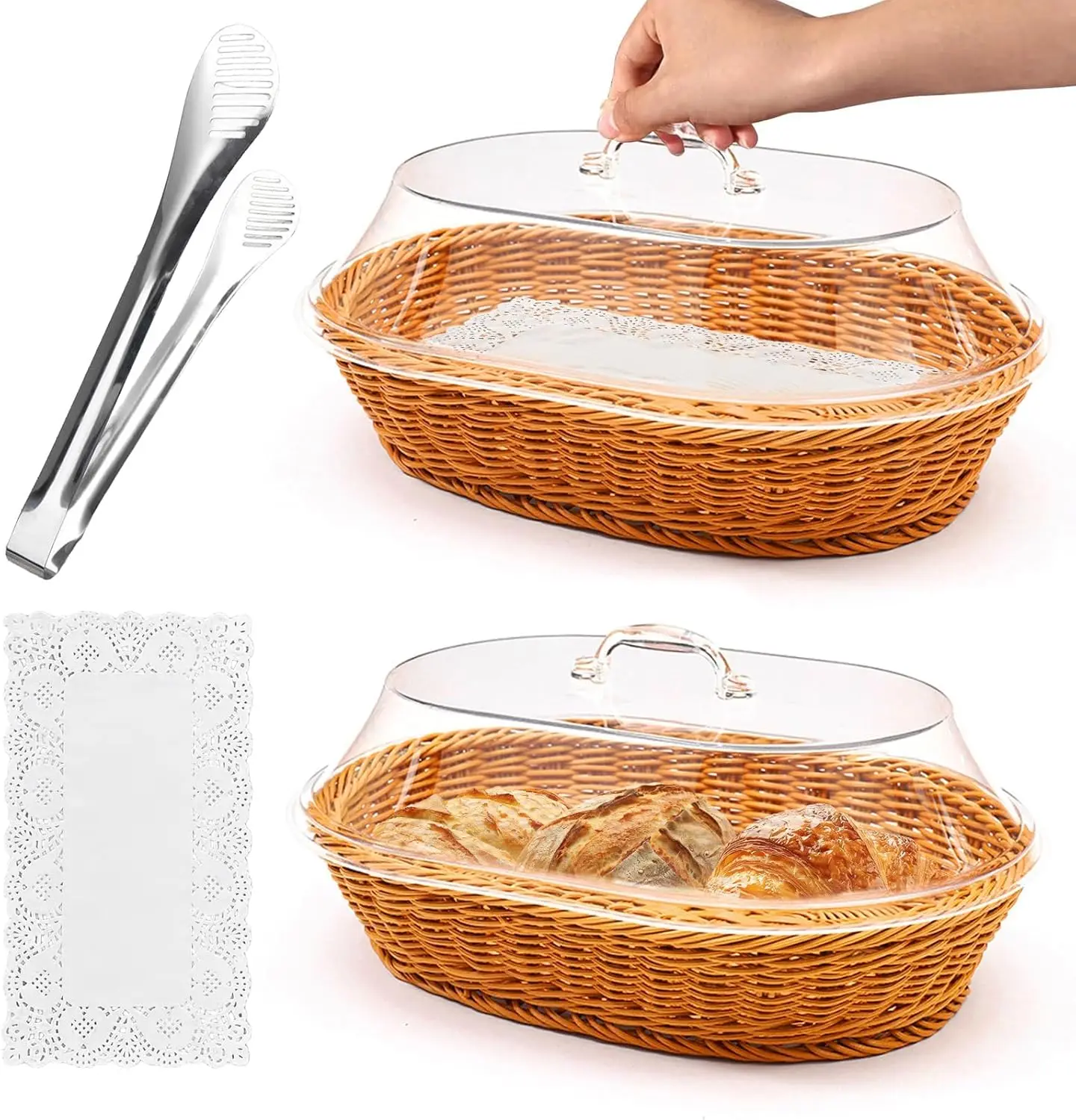 

2 Pack Oval Rattan Bread Baskets with Acrylic Lids, Stainless Steel Tongs & Lace Doilies for Food Display
