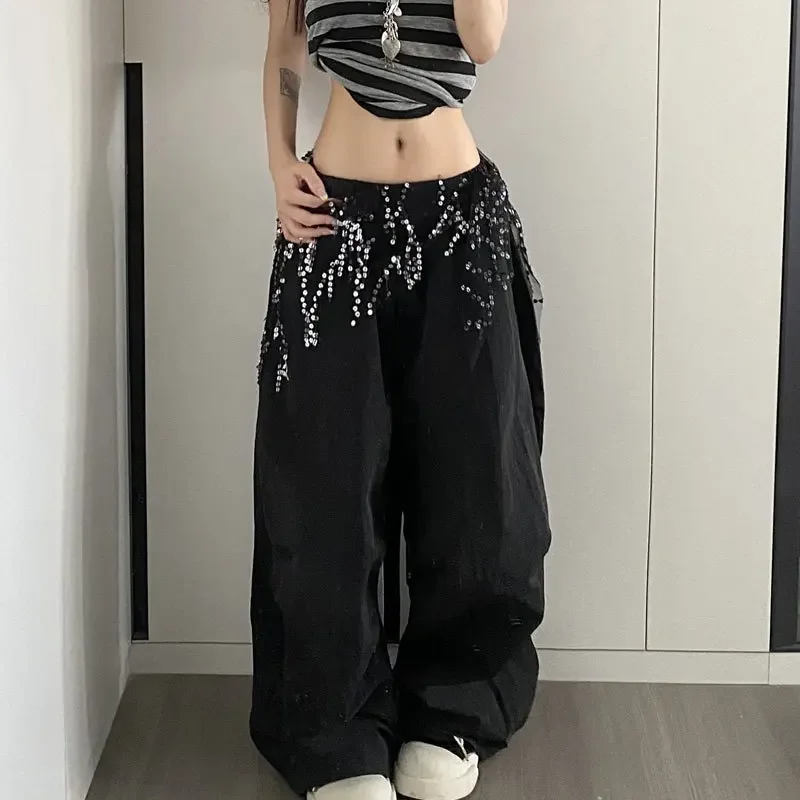 韓国ファッションカーゴパンツ レディース 原宿系 ブラック バギー スウェットパンツ ワイドレッグ ジョガーパンツ カジュアルパンツ ストリートウェア