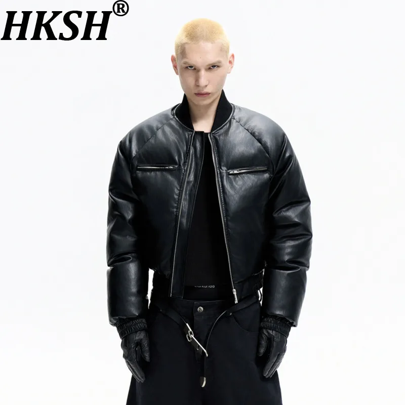 

HKSH Autumn Winter New Men Tide Dark Punk Oversized Leather Thickened Warm Cotton Jacket Short Baseball Collar Chic Coat HK17137
