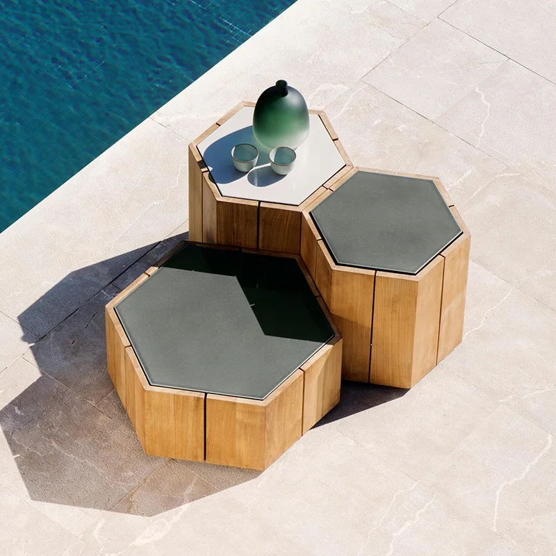 Mesa de centro de teca móveis terraço sofá combinando mesa de chá hexagonal madeira jardim moderno lazer móveis combinando