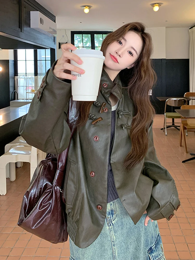 Cool ort PU Leather Jaet Women's Stand Collar Cow Horn Button Spring Autumn 2025 New Unique Faionable Leather Coat