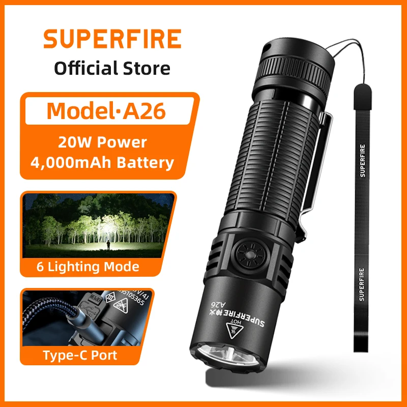 SUPERFIRE A26 20W Powerful EDC Flashlight Waterproof Torch 1800LM Spotlight USB Rechargeable 5 Modes Outdoor Emergency Lantern