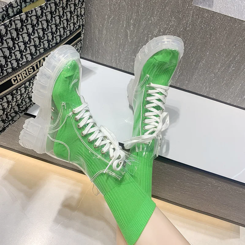 Fashion Cool Boots Women 2023 New Summer Performance Fully Transparent Ankle Boots Women Platform Lace Up Short Boots Rain Boots