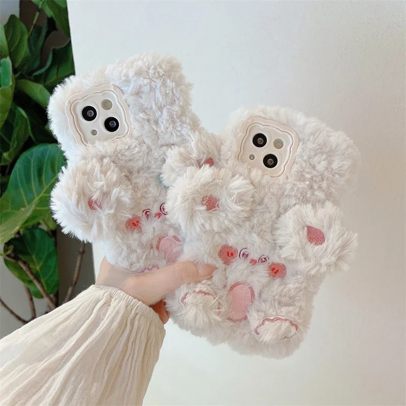 3D Cute Sheep Warm Winter Plush Soft Phone Case For iPhone 16 15 14 13 Pro Max 14 Plus 15 Plus Fluff Toy Camera Protect Cover