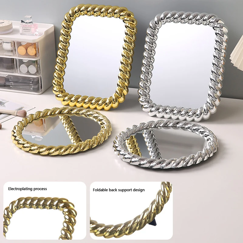 Electroplated Mirror Retro Square Round Mirror Hd Portable Makeup Mirror Desktop Standing Dresser Mirror