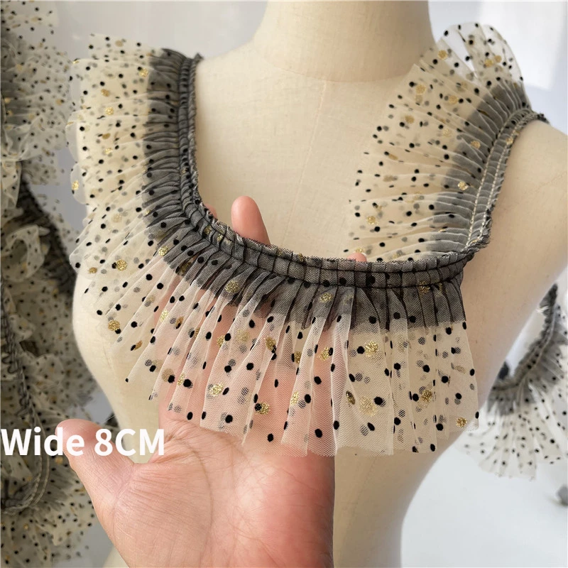 8CM Szeroka morelowa czarna podwójna warstwa siatki Złote kropki Haftowana wstążka Koronkowa tkanina Falbana Wykończenie Sukienka Odzież Szycie Dekoracja
