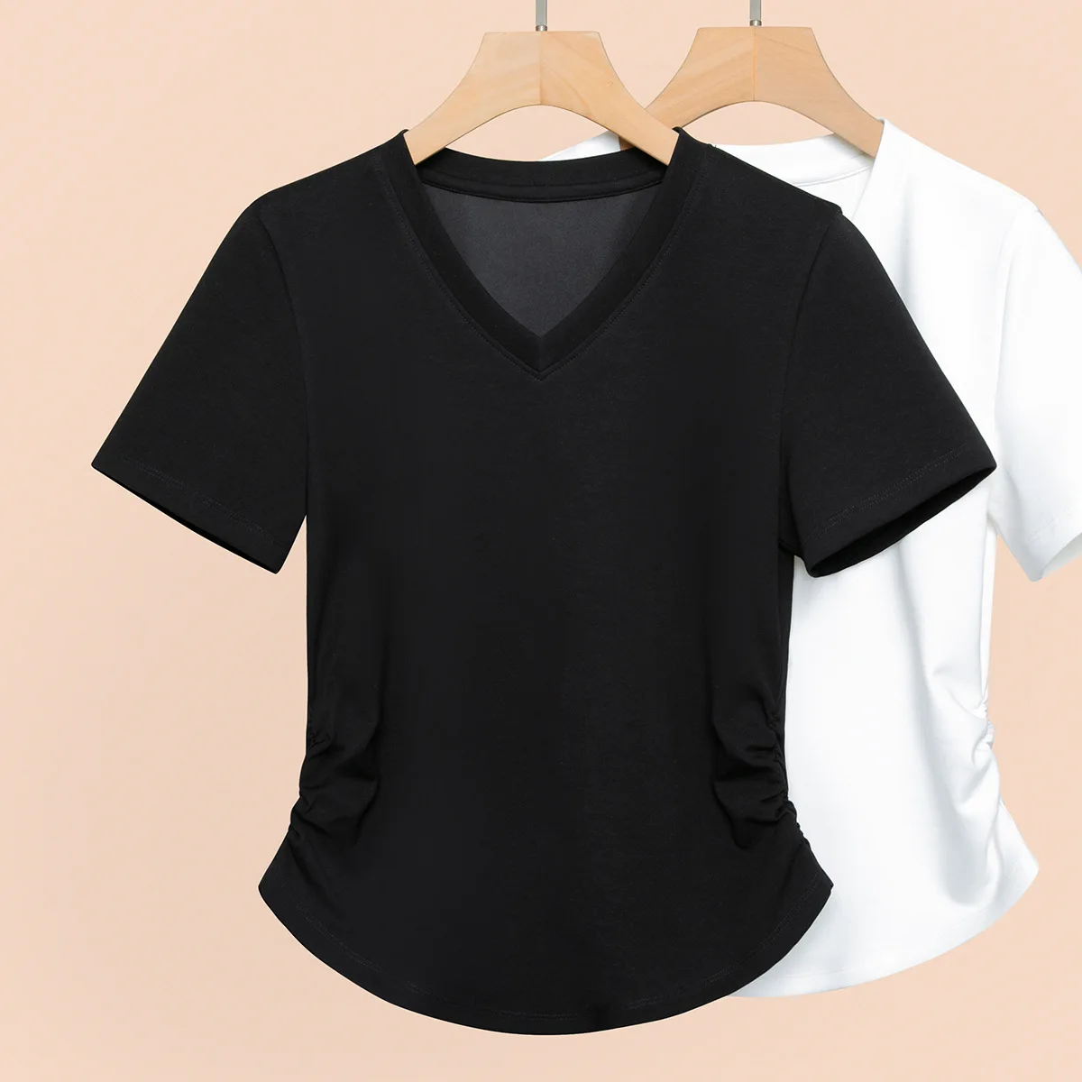 2025 Summer Women's V-Neck Slim Fit Plus Size T-Shirt Casual Short Sleeve Breathable Basic Tee Versatile Tummy Control Tops