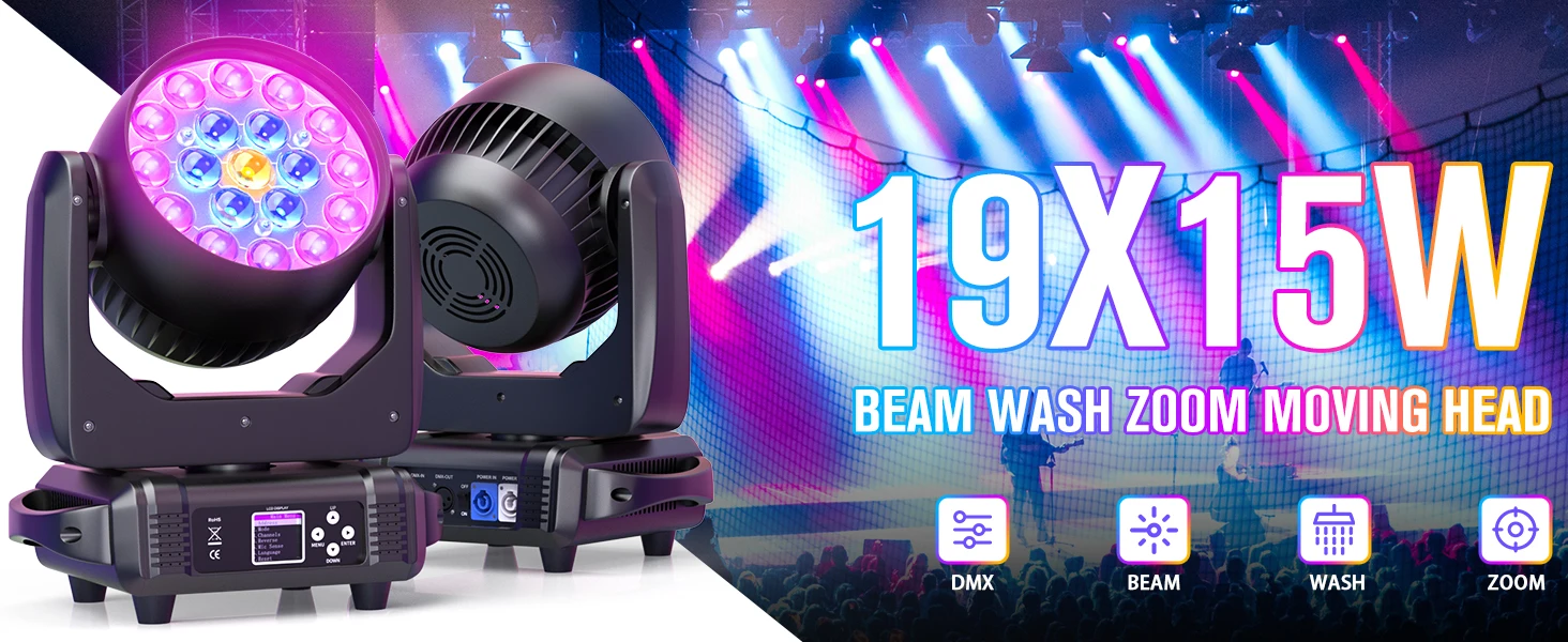 Yiflamefly 19x15W RGBW LED Beam Wash Zoom Moving Head Lights Hochwertige professionelle Bühnenbeleuchtung für DJ Disco Party KTV Bar – Detail 1