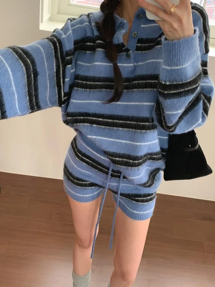 

Современный свободный вязаный свитер Queen Sle с комплектом брюк, осенняя коллекция, маленький воротник, цветная блузка, полосатый дизайн