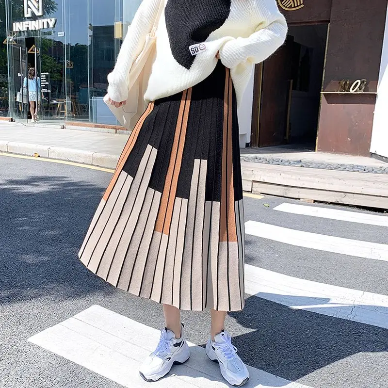 Women's Clothing Autumn Winter Contrast Color Screw Thread Sweater Knitted Elastic High Waisted Pleated Casual Midi Skirts