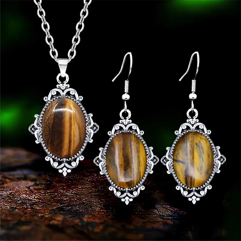 9 Color Vintage Natural Stone Unakite Quartz Jewelry Set For Women Antique Silver Plated Flower Fashion Necklace Earring Jewelry