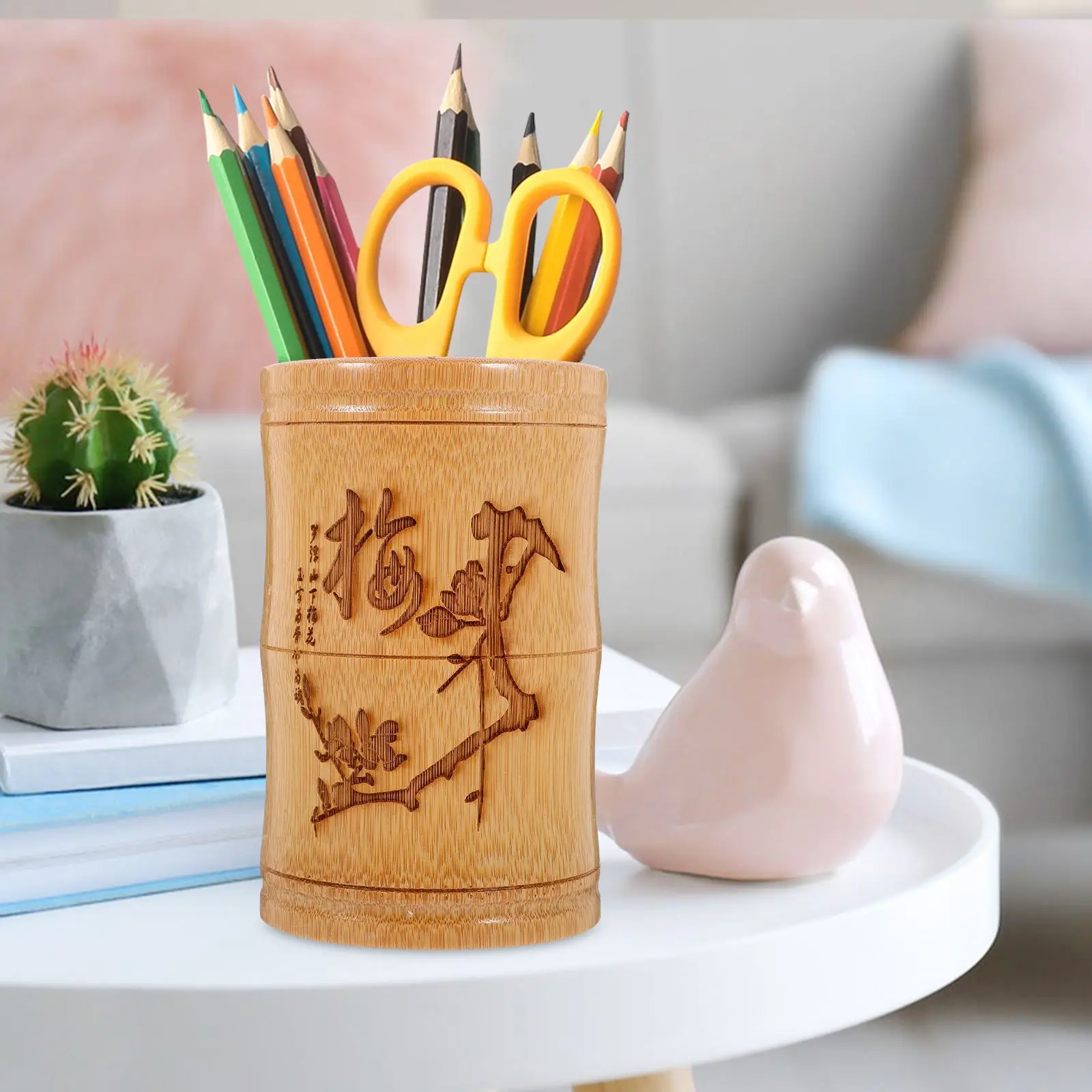 Bamboo Pencil Holder Container Brush Pen Storage Container Vintage Chinese Style Desktop Decor Random Typeface Style