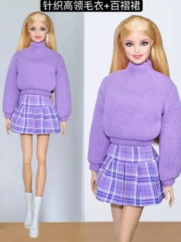 Limited 1/6 Doll Outfits White Purple Knitted Sweater Shirt Skirt for Barbie Dress for Barbie Doll Clothes Accessories Toy 11.5\