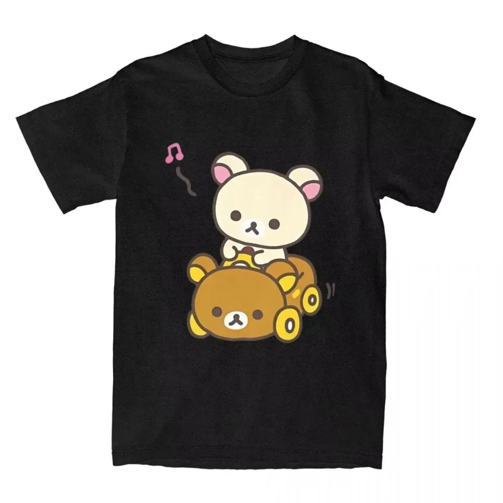 Summer Rilakkuma Korilakkuma Drive Bear Car Music Note Cartoon Front Graphic White Oversized T-Shirt Unisex Anime Cotton Tee