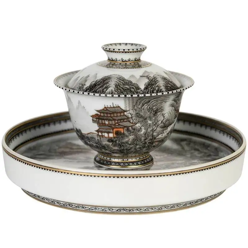 Holy Mountain Classy Ink Color Teng Wang Landscape Pavilion Ceramic Jingdezhen Hand-Painted Pastel Covered Bowl Tea Set