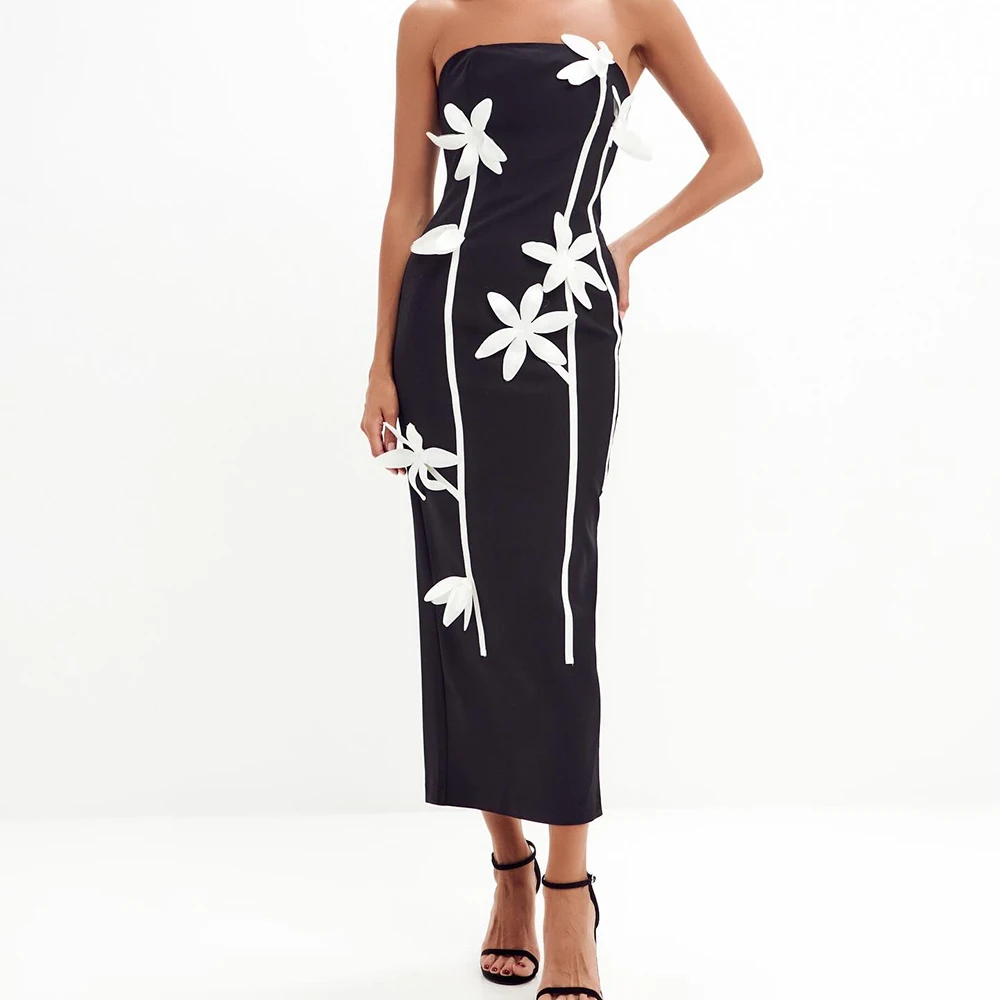 

Customized Straight Evening Dresses Tea-length Strapless Sleeveless Prom Gown Simple Fashion Flowers Backless Casual Party Gown