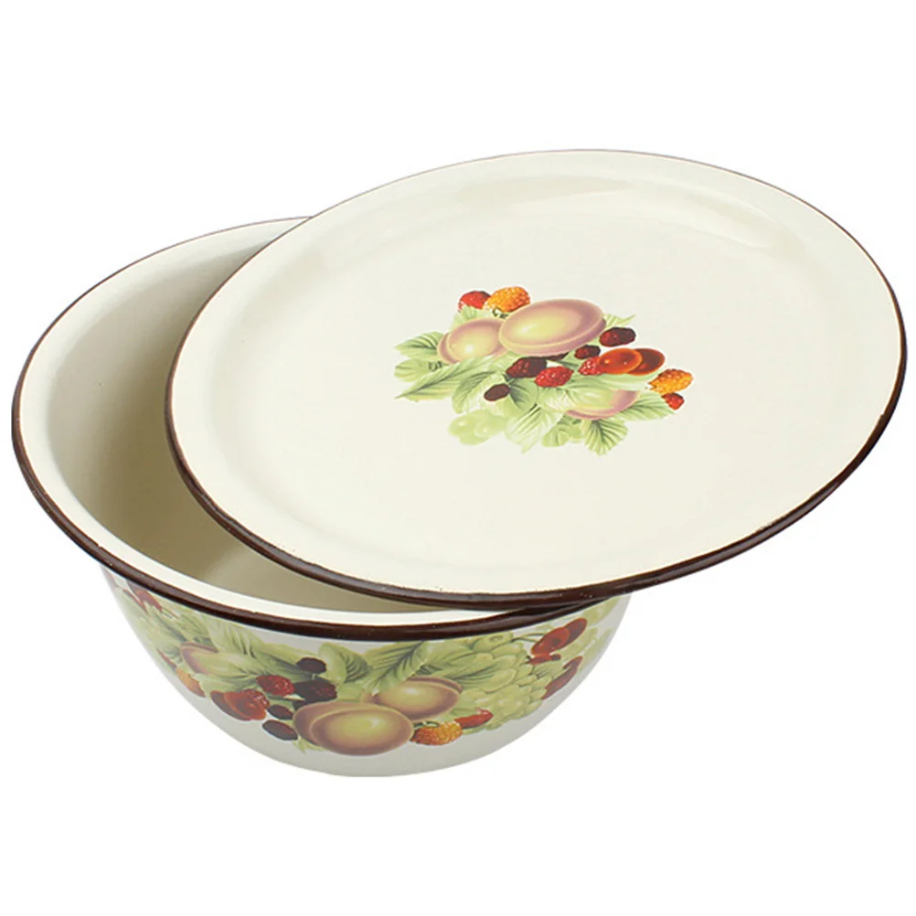 

1Set Vintage Enamel Basin Lid Multipurpose Kitchen Serving Bowl Soup Mixing Dough Kneading Lard Oil Storage Container