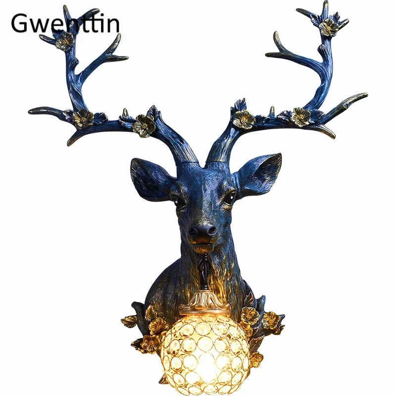 Lucky Deer Wall Mount Lamp Sconce for Home Nordic Art Resin Antlers Decor Indoor Lighting Bedroom Bathroom Vanity Mirror Lights