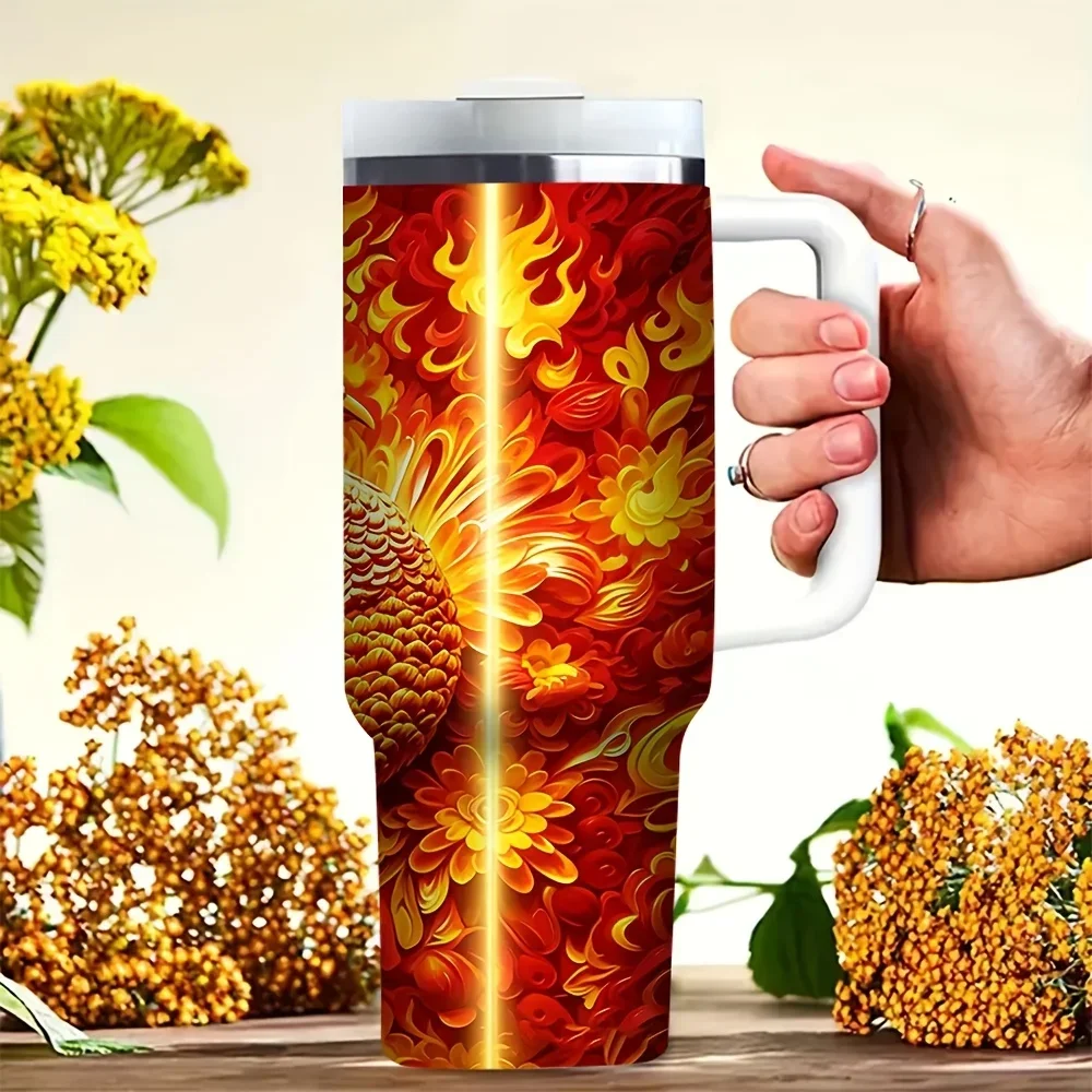 40Oz Flaming Fire Phoenix Pattern Printed Tumbler with Handle, Suitable for Both Cold And Hot Drinks, Ideal for Outdoor Travel Camping Hiking Daily Commute And Leisure Activities