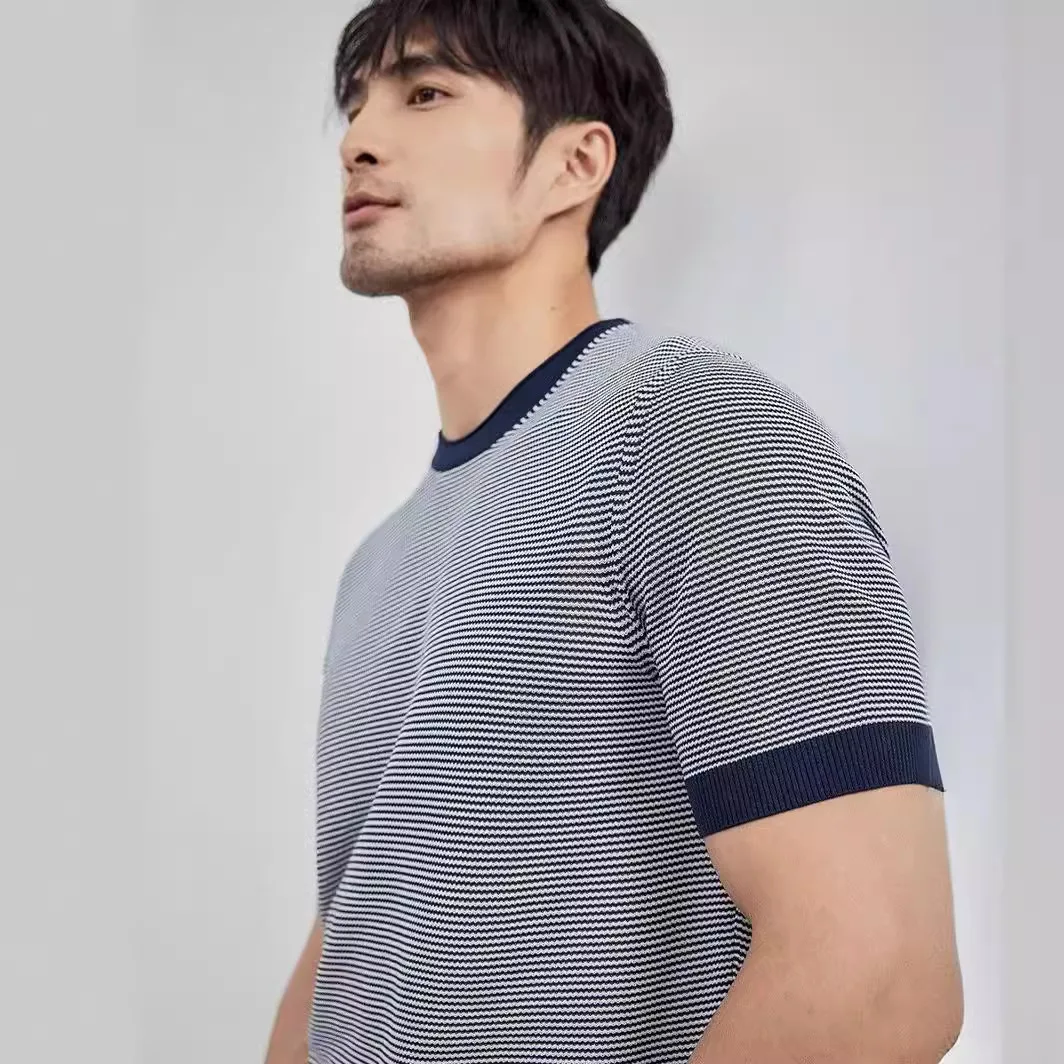 Ice Silk Crew Neck Knitted Sweater Short Sleeve Summer T-Shirt Pinstriped Half Sleeve Bottom Thin Contrasting T-Shirt
