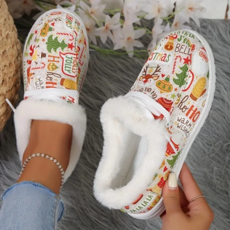 2023new Women Christmas Style Print Canvas Shoes Winter Warm Fleece Lined Loafers Cozy Slip on Plush Christmas Warm Canvas Shoes