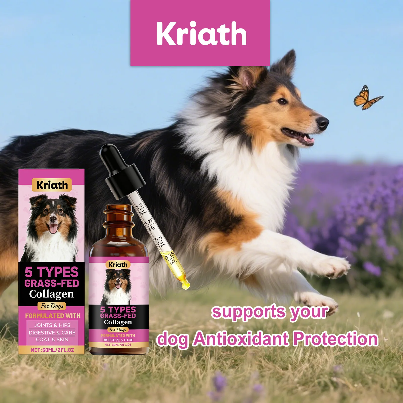 Dog Collagen Liquid Drops, Hip & Joint Support, Skin & Coat Health, All Life Stages Dogs, Daily Nutritional Supplement