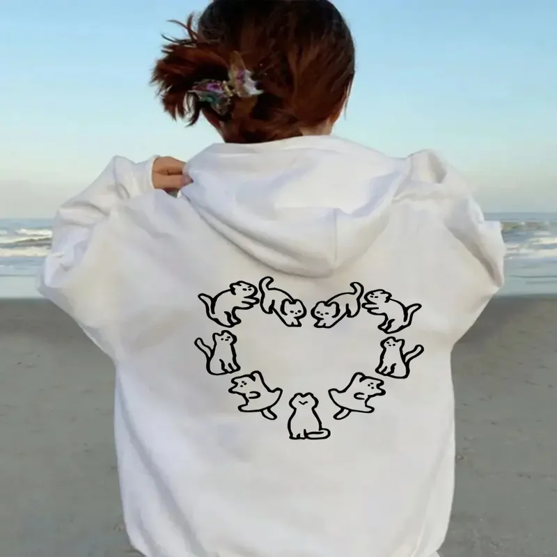 

Womens Cute Cat Graphic Hoodie Pullover Sweatshirt Casual Hooded Sweater Everyday Date Nights Fall Winter Outfits Streetwear