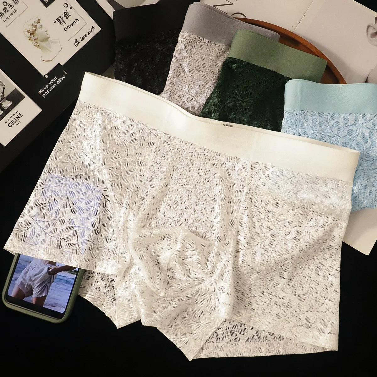 

Men's Cooling Sensation Ice Silk Quick Dry Mesh Comfortable Breathable Sexy Boxer Shorts Lace Hollow out Flat Angle Pants