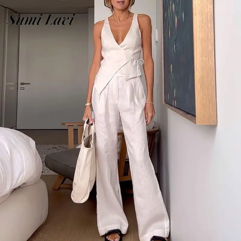 

Sexy V-neck Lace-up Top & Long Pant Set Women Elegant Sleeveless Solid Color 2Pc Outfits 2025 Fashion Commuter Cotton Linen Suit
