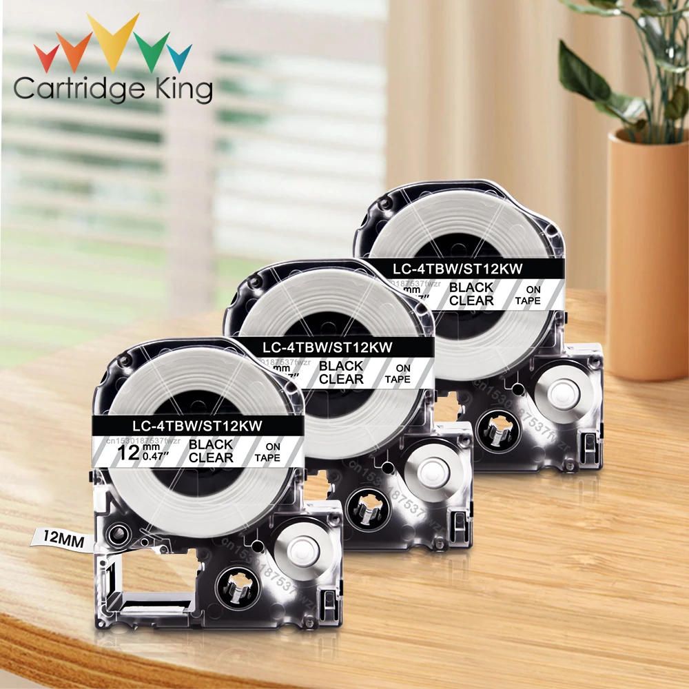 3 pieces 12mm Label for Epson Tape ST12KW LK-4TBN Black on Clear Cassette Ribbon Compatible for Epson LW-300 LW-400 Label Maker