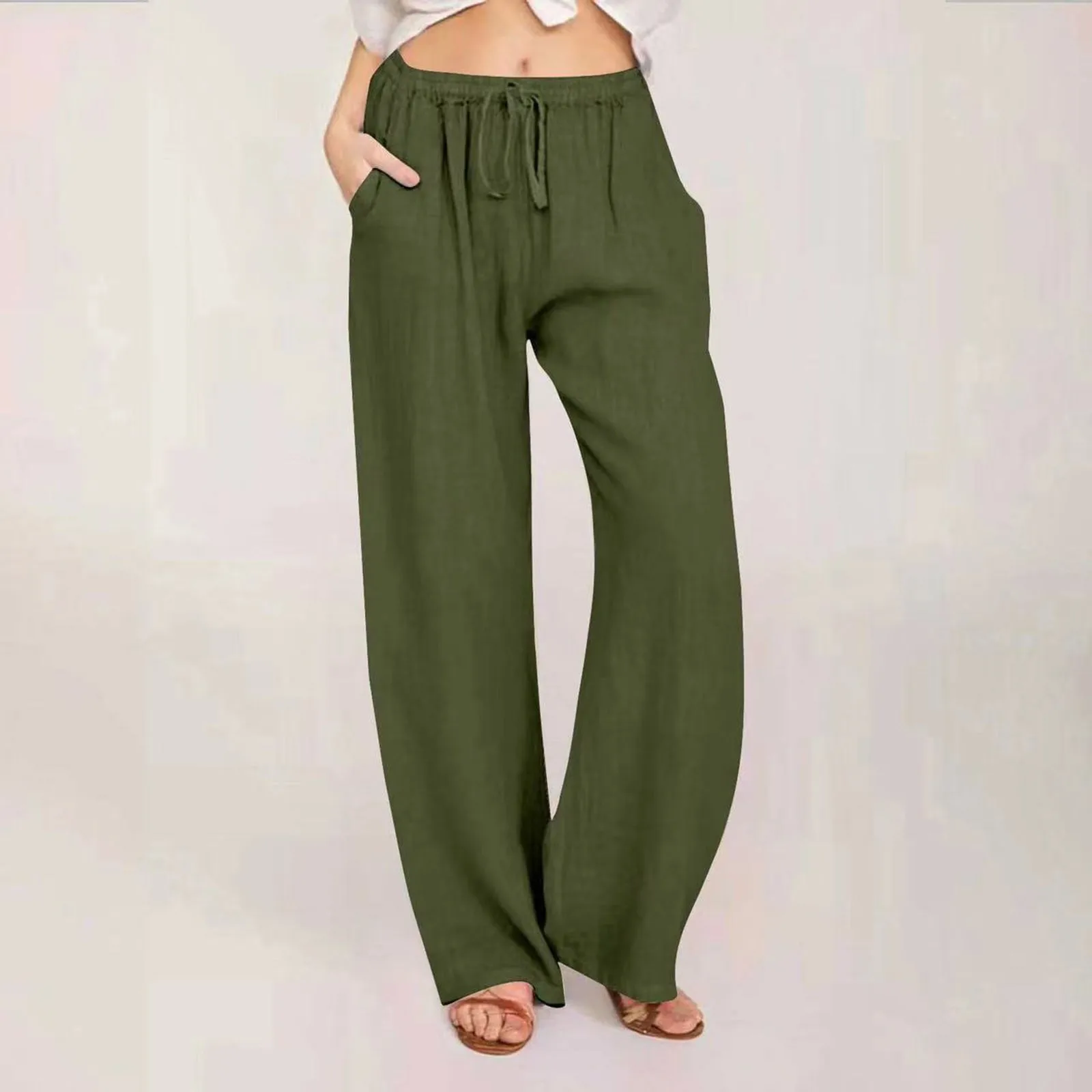 Women Summer Cotton Linen Pants Casual Comfortable Loose Elastic Waist Oversized Beach Jogger Lounge Pants Vintage Woman Clothes