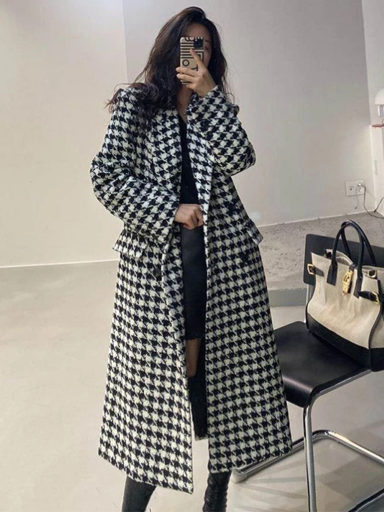 

Houndstooth Overcoat Women Vintage Faux Wool Coats Female Autumn Winter Thick Warm Jacket Ladies Korean Fashion Long Blend Coats