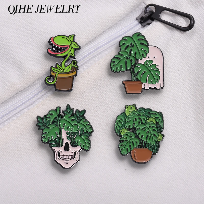 Punk Gothic Skull Head Potted Enamel Pins Funny Ghost Skeleton Frog Green Plants Brooches Lapel Badge Jewelry Accessories Gift