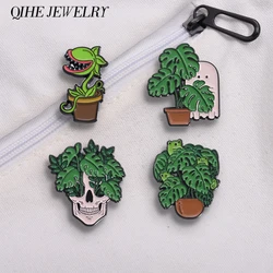 Punk Gothic Skull Head Potted Enamel Pins Funny Ghost Skeleton Frog Green Plants Brooches Lapel Badge Jewelry Accessories Gift