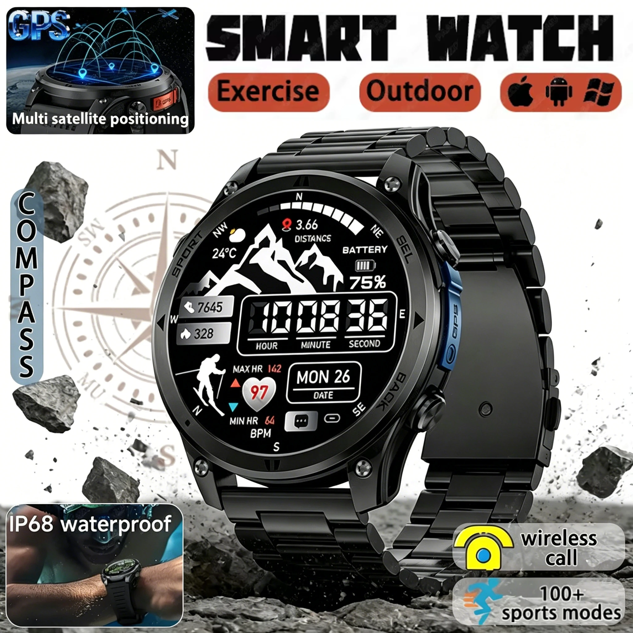 

Hot sell GPS Tracking SmartWatch 1.46-inch HD Screen BluetoothCall Compass Health Monitor 100+Sports Mode Fitness Tracker Men