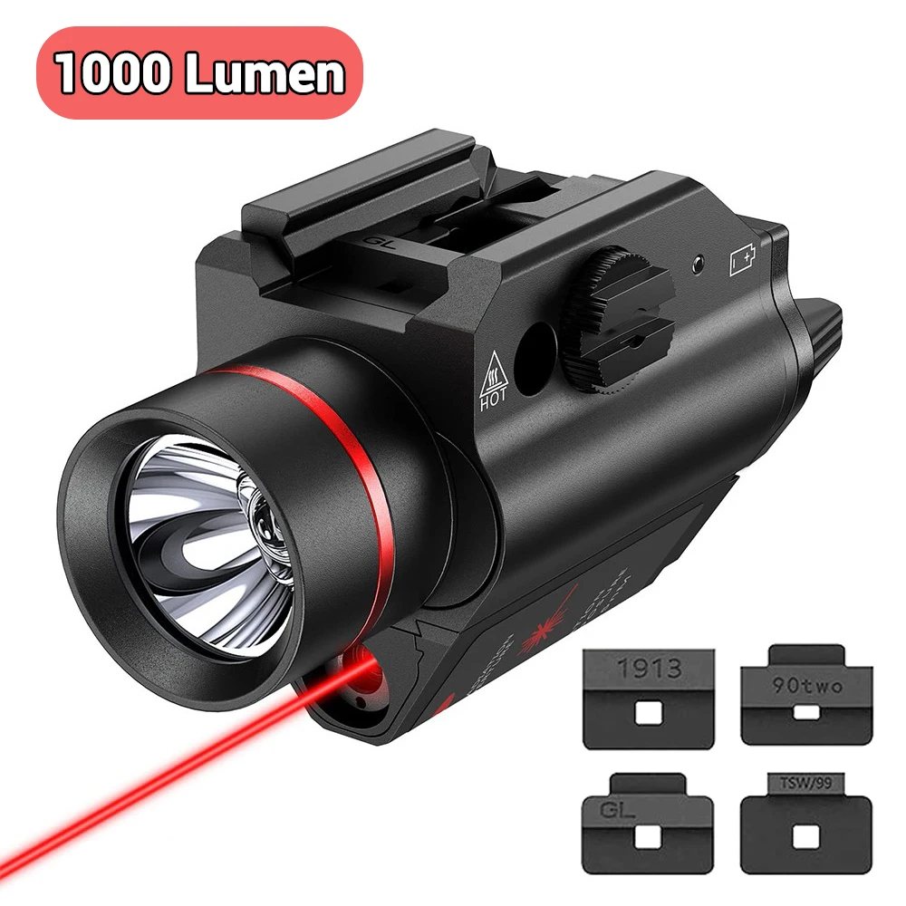 1000LM Tactical Weapon Light Pistol Gun Flashlight Red Green Laser Sight Combo for Outdoor Hunting with 4 Locating Keys