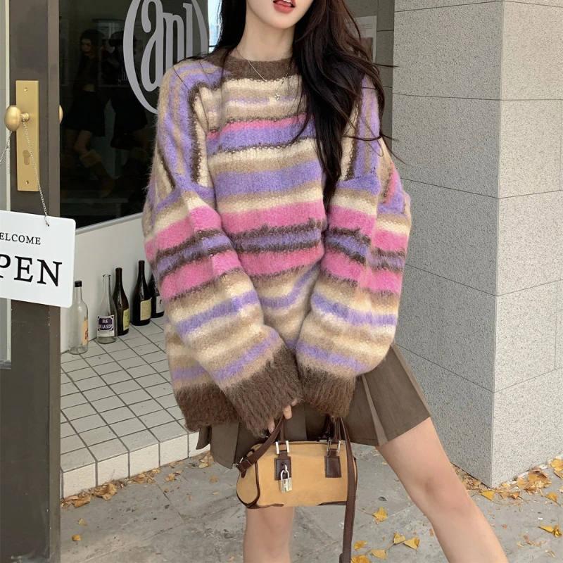 

Striped Sweater Autumn Winter Colour Loose Soft O-neck Pullover Top Korean Style Versatile Lazy Long Sleeved Knitwear For Women