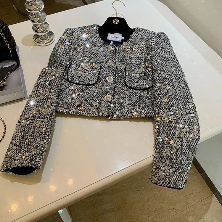 Elegant Heavy Sequins Starlight Silver Jackets Spring Long Sleeve Coat Women  O-neck Single Breasted Tops Mujer