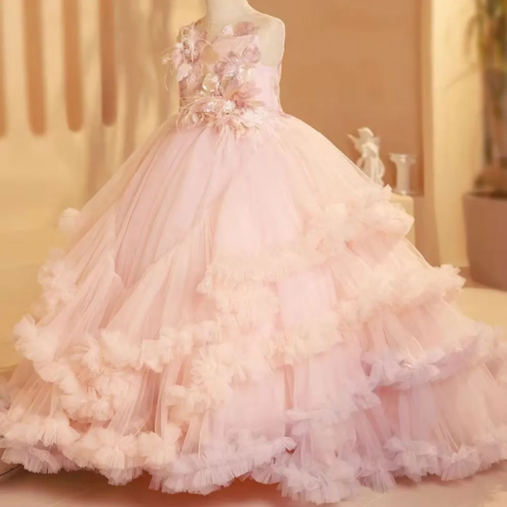 Vestido de lujo para niña de las flores, plumas, princesa árabe, boda, fiesta de cumpleaños, vestido de baile, comunión, J246, 2024