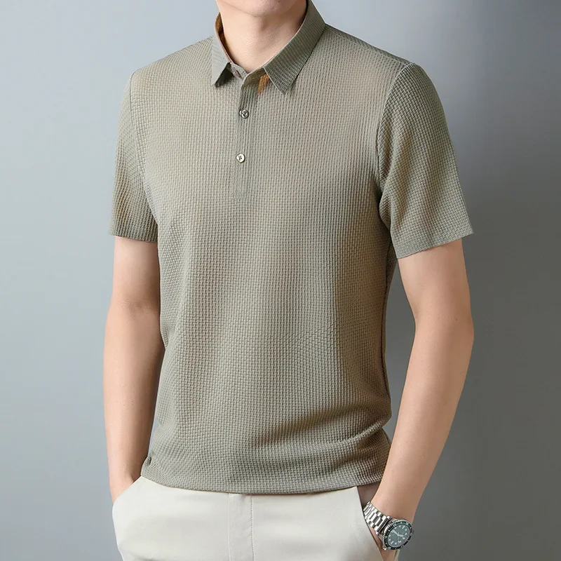 Summer Ice Silk Polo Shirts Men Turn-Down Collar Polo t-Shirts Fashion Casual Tee Shirt Breathable Soild Formal Top Man Clothing image 4