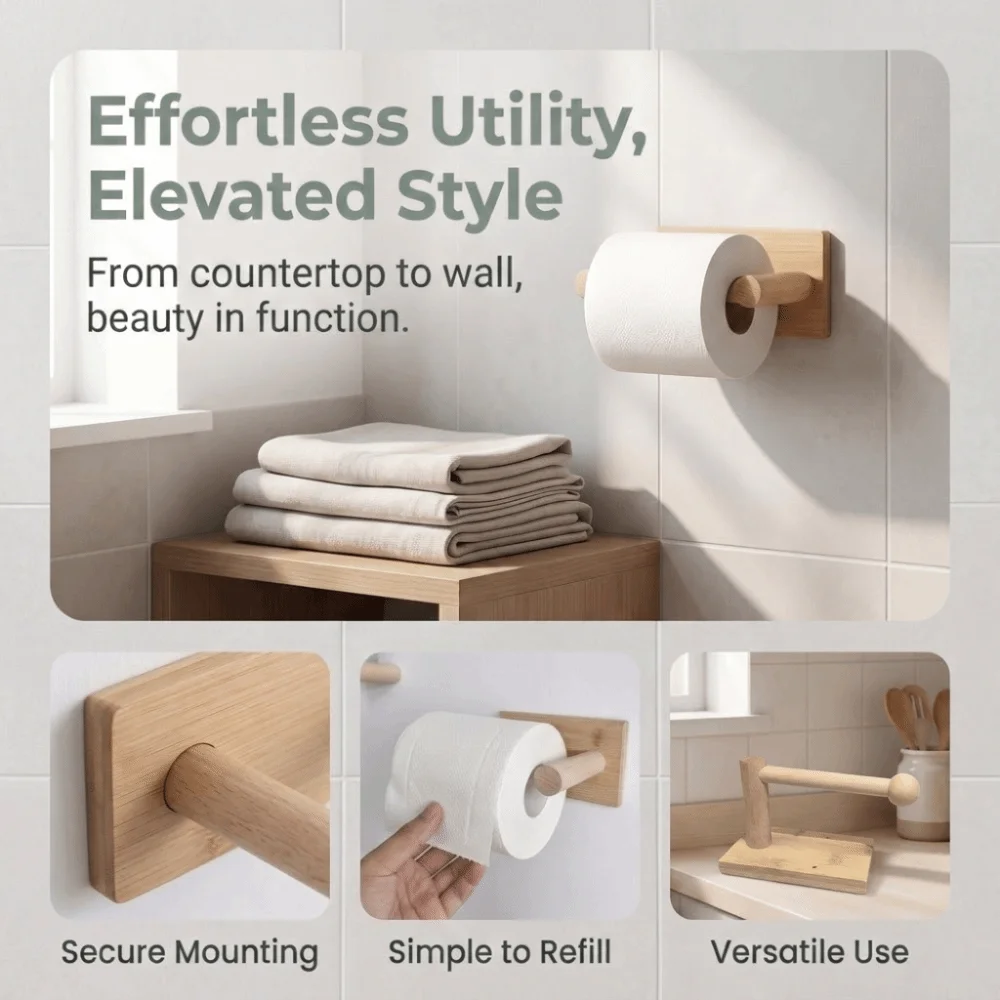 Modern Bamboo Toilet Paper Holder Drill-Free Retro Desktop Tissue Stand Sturdy Wood Grain Paper Towel Rack Bathroom