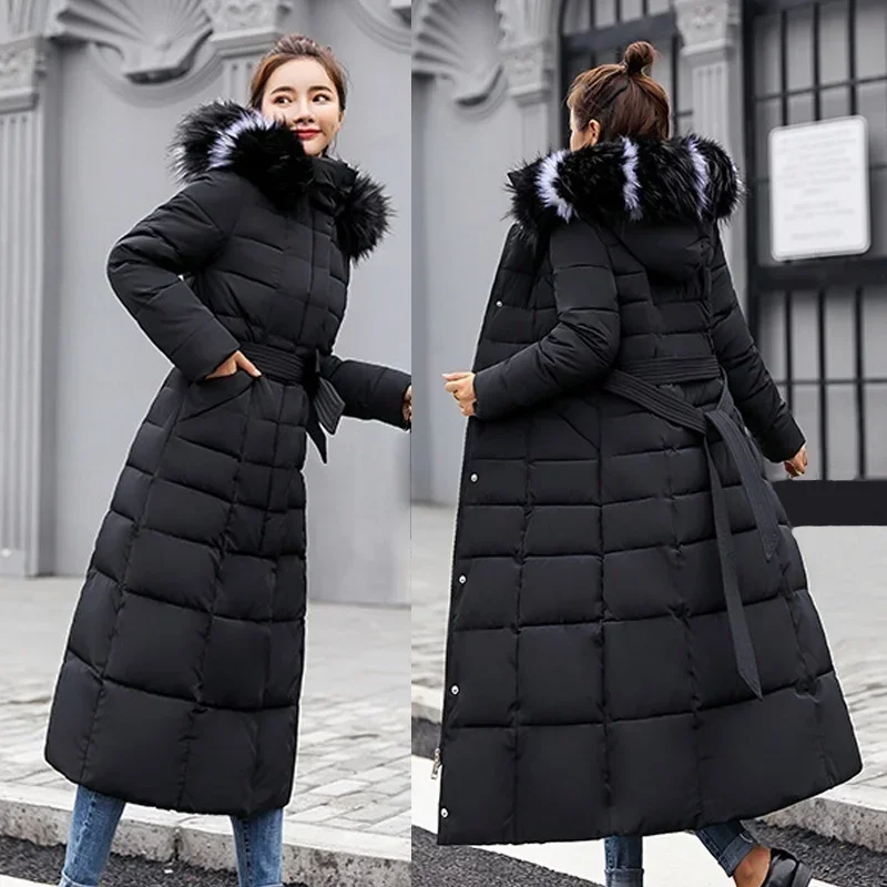 2023 new winter jacket women's warm fashion bow belt fox fur collar coat long dress women's thick coat