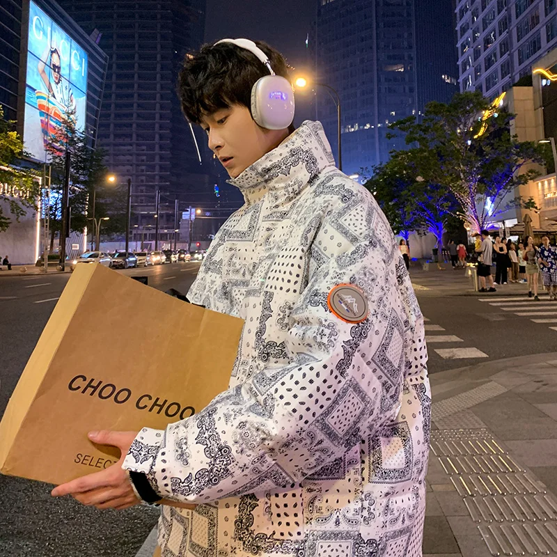 

Мужская утепленная зимняя куртка-пуховик в стиле Harajuku с цветочным узором, модная верхняя одежда в гонконгском стиле