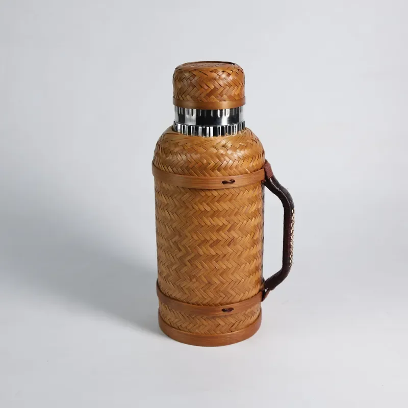Bamboo woven thermos 1.5L 316 stainless steel vacuum thermos, mechanical temperature display, hotel homestay tea kettle