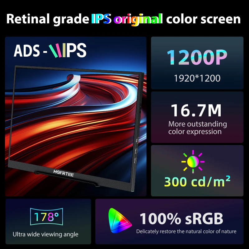 HGFRTEE 16-дюймовый портативный монитор FHD IPS 100%sRGB 300cd/m2 ПК Игры Расширенный дисплей Ноутбук Второй экран с VESA и кронштейном