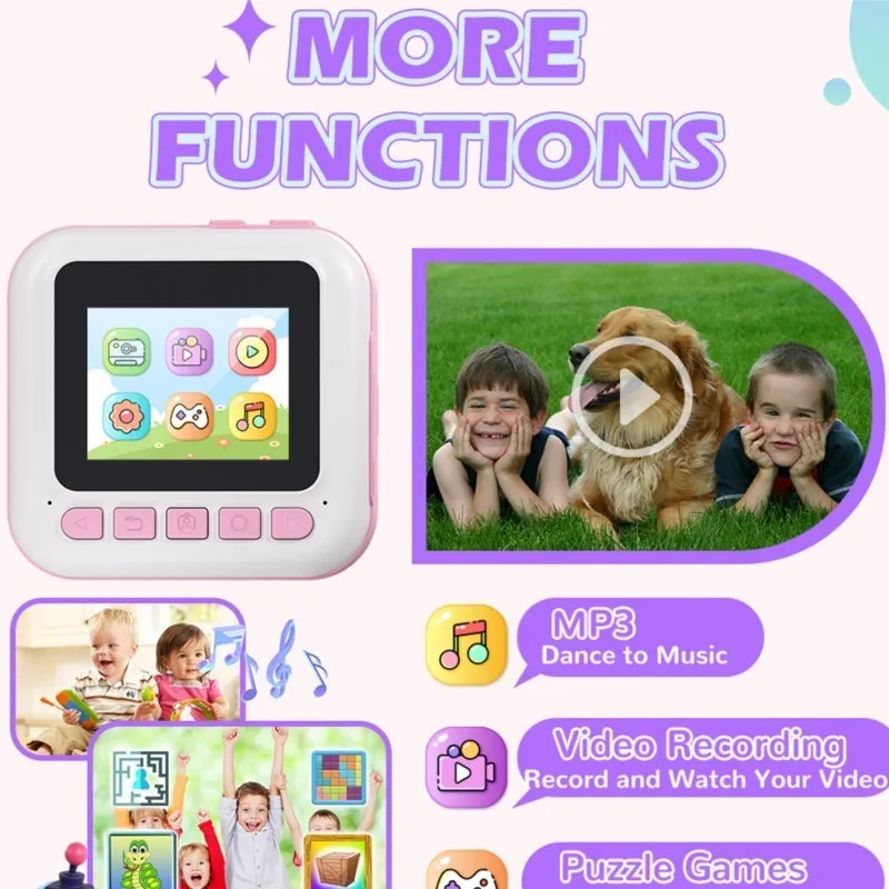 Kids Instant Camera Photo Printing Camera Games Flashlight 1080P Video Recorder with 3 Roll Paper Lanyard 1500Mah 2.4inch Screen