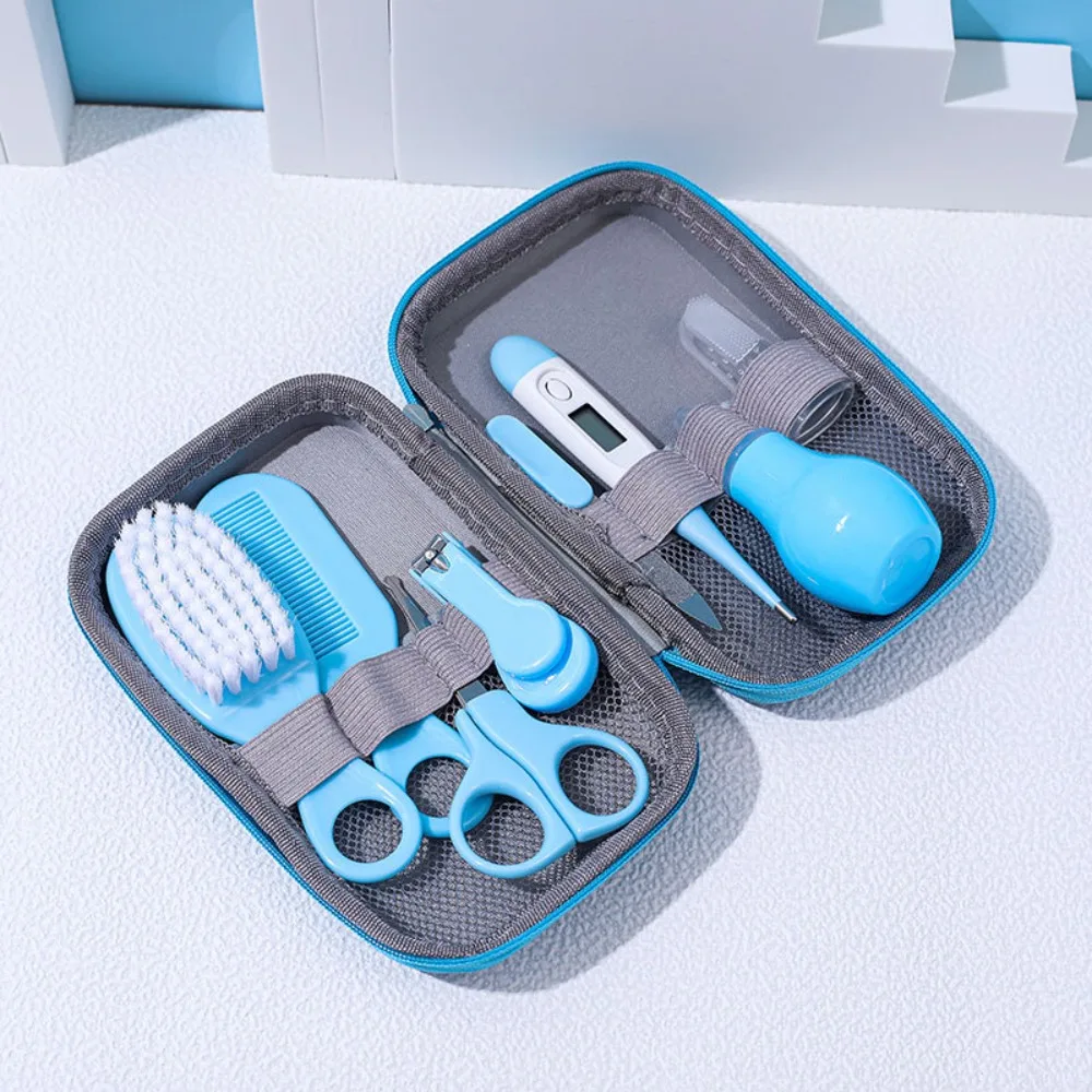 

8pcs EVA Bag Baby Health Care Kit Material Safety Soft Bristle Brush Newborn Grooming Kit Nail Clippers Comb Thermometer