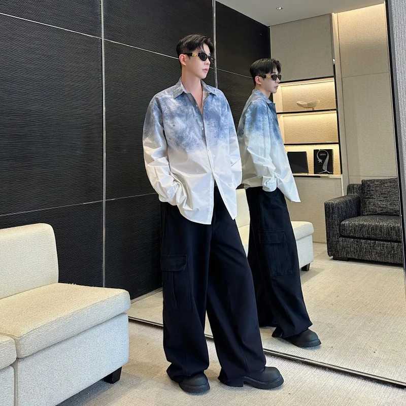 Retro Chinese Sle Long Sve irt Jaet Men's Casual Loose Printed Outerwear Water Ink adient Stand Fit Polyester