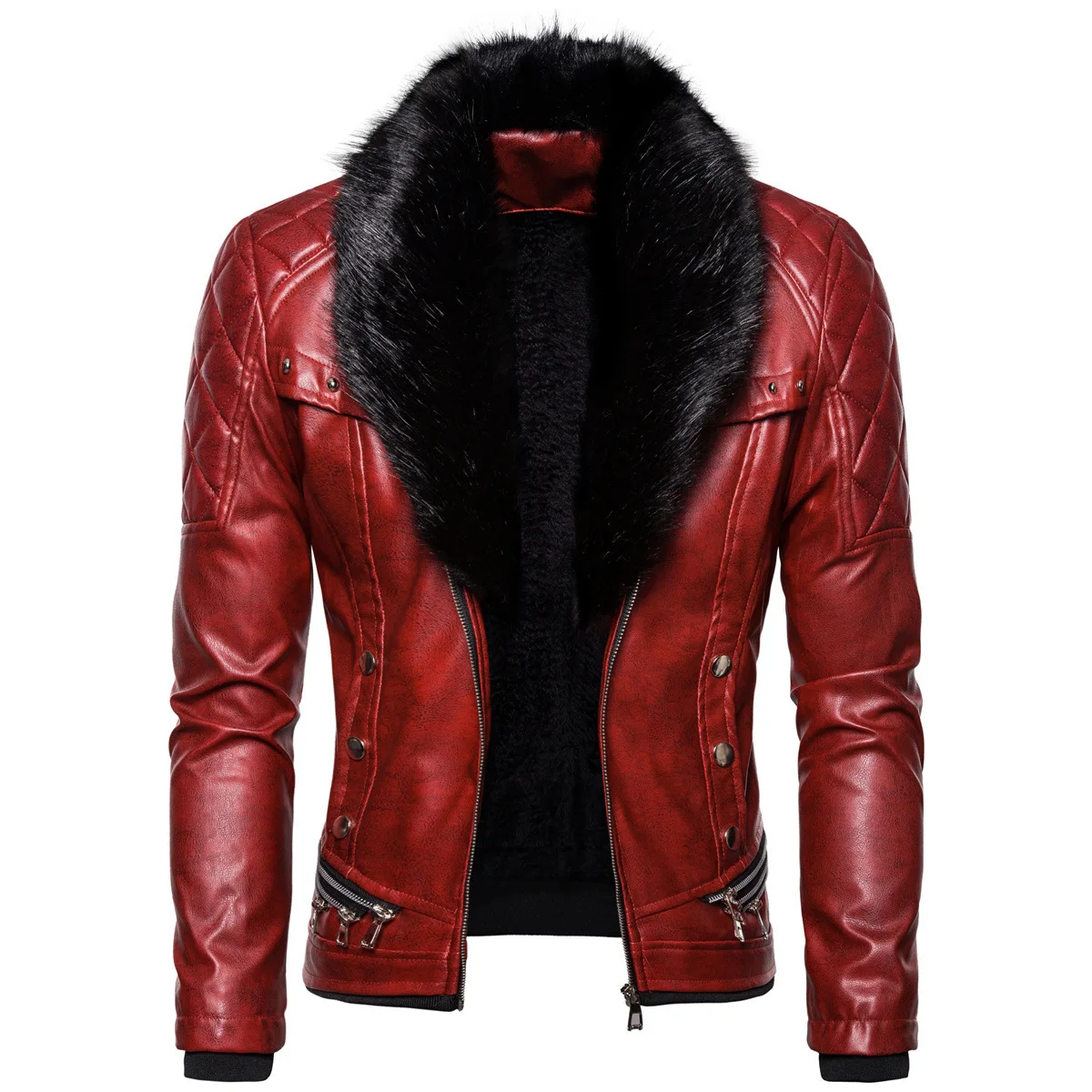 2024 Autumn And Winter New Fashionable Solid Color Button Zipper Splicing European Size Fur Collar Men's Leather Jacket Leather